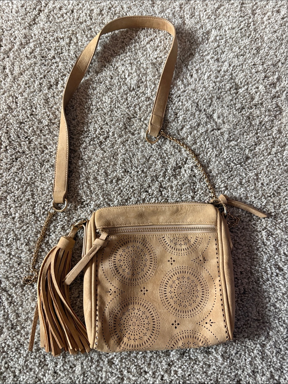 Tan Faux Leather Crossbody Bag with Tassel